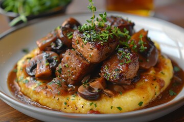 Polenta: Creamy polenta served with a rich meat or mushroom sauce, garnished with fresh herbs. 