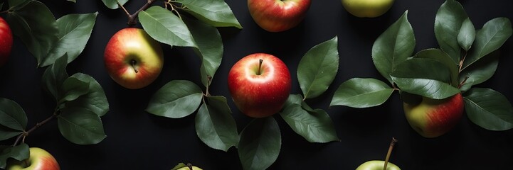 apple fruits and leaves on plain black background from Generative AI