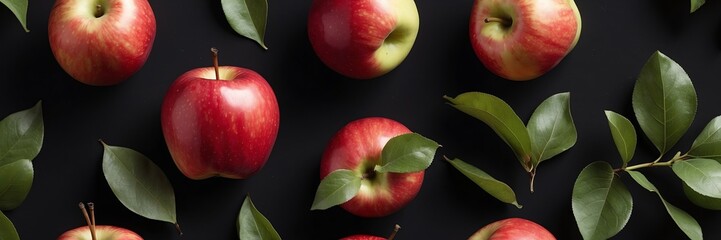 apple fruits and leaves on plain black background from Generative AI