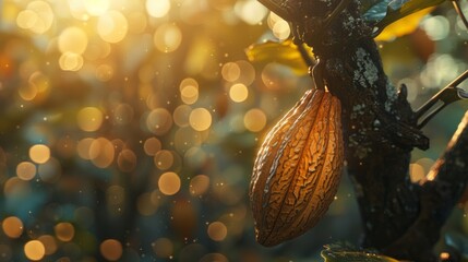 Cocoa pod hanging from tree branch in a lush green plantation with sunlit bokeh background...