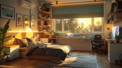 An stylish teenager's room interior featuring a spacious layout with a large window, cozy bed, and functional workspace. AI-generated.