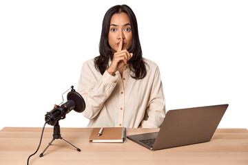 Woman records podcast with laptop keeping a secret or asking for silence.