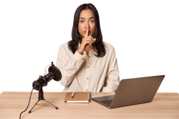Woman records podcast with laptop keeping a secret or asking for silence.