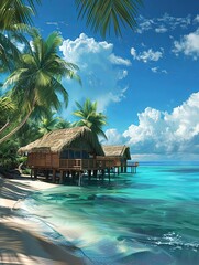 A tropical beach scene featuring a hut, palm trees, and the azure sea in the background. Generative AI