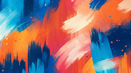 Dynamic Abstract Painting with Broad Strokes of Blue, Orange, Pink, and White Colors, Speckles of Paint Scattered Throughout Creating Movement and Intensity.
