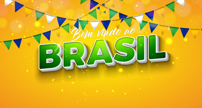 Festa Junina Illustration with Party Flags and 3d Letter on Yellow Background. Bem Vindo ao Brasil Portuguese Language Vector Design. Brazil June Traditional Holiday Festival Design for Celebration