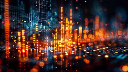 Obraz premium City skyline illustration with vibrant lights reflecting on water, futuristic cyberpunk urban landscape at night, abstract geometric buildings and glowing neon.