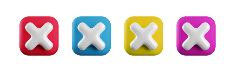 Obraz premium Vector 3d cross x realistic icon set. Trendy square plastic wrong red, blue, yellow and pink check mark. No vote button. 3d render not approved symbol, error, delete, failed sign for web design, app.