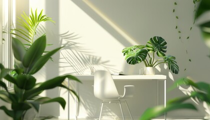 Obraz premium A minimalist desk setup with a white chair and green houseplants on a clean background, perfect for home office and productivity themes