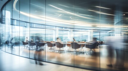 Long exposure shot of meeting room interior with blurred people in motion in modern office