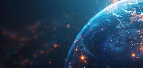 Horizontal background copy space on the left. Abstract blue planet Earth with connections. Abstract blue digital planet earth with glowing connections, network and global communication technology