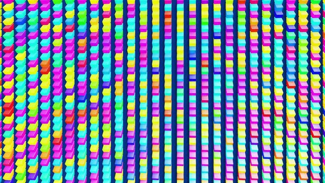 3d abstract simple geometric background with multicolor rectangles on plane in 4k with flashing multicolor neon light. Smooth looped animation. Creative simple motion design background with 3d objects