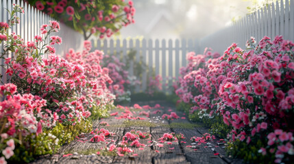 Obraz premium Wooden fence with flowers, flower garden backyard with wooden fence hedge.