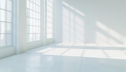 Fototapeta premium Sunlight casting shadows in a clean, empty, white room with a large window, creating a tranquil and spacious setting, ideal for banners with copy space
