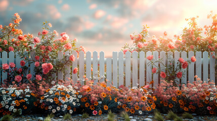 Wooden fence with flowers, flower garden backyard with wooden fence hedge.