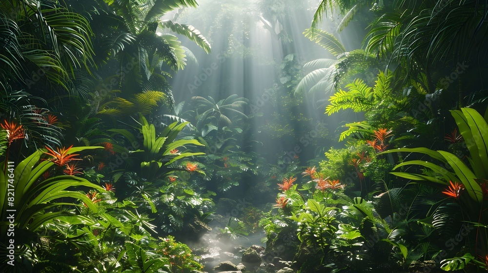 Poster lush tropical rainforest teeming with diverse flora and fauna highlighting the richness and importan