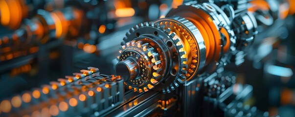 Close-up of industrial machinery with orange and blue components, digital illustration, vibrant colors, high detail, highlighting engineering and automation in a modern factory setting