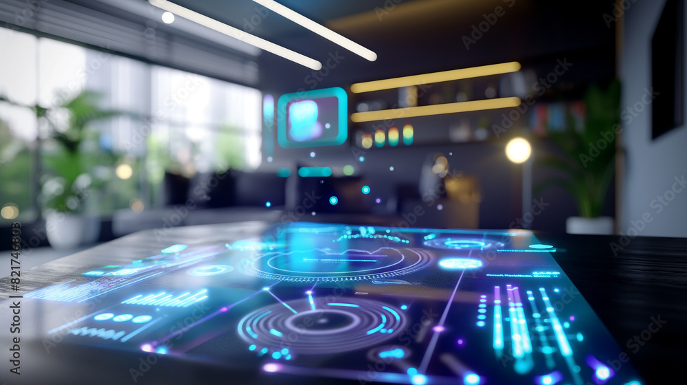 Poster business data statistics virtual display through augmented reality technology over a table in modern