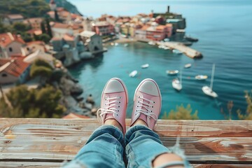 Female feet with glossy pale pink shoes relaxing on wooden table and touristic european city near sea with multiple houses in blurred background with copy space for advertising, logo or your texts - Powered by Adobe