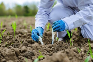 A scientist in white lab coat and blue gloves measures soil quality in a field with young plants.