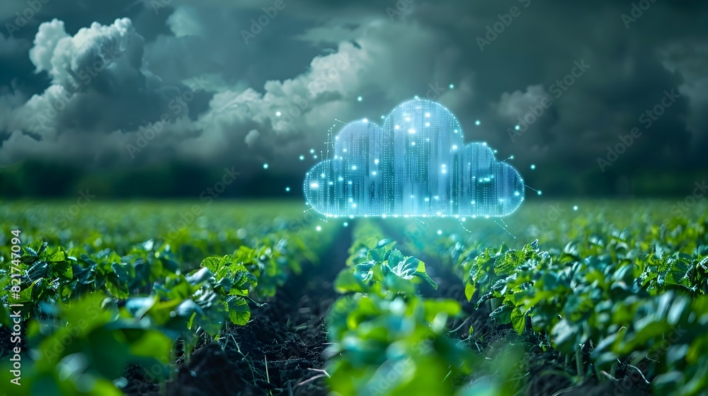 Poster futuristic cloud powered precision farming with data analytics and resource management for sustainab