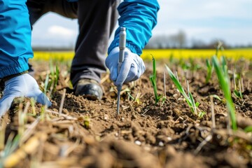 A scientist in blue jacket and white gloves takes soil samples in a field with green shoots. Caucasian male.