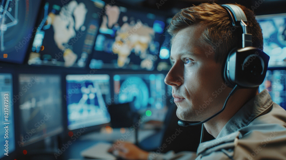 Poster a man wearing headphones is looking at a computer screen with multiple monitors