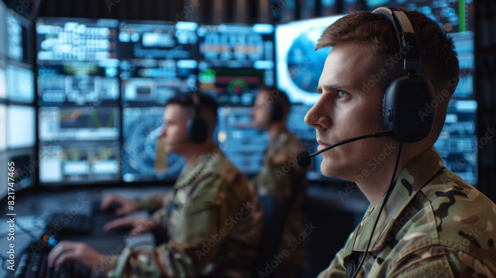 Poster three men in military uniforms are sitting in front of computer monitors