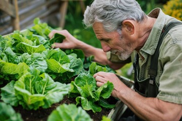 A senior man in a greenhouse inspects lettuce plants. Visible face, Caucasian male.