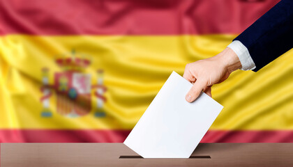 Spain general elections, voting concept. Hand holding ballot in the ballot box with the flag of Spain in the background