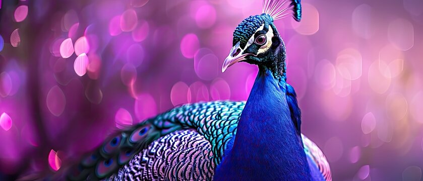 Elegant peacock with ample copyspace on a purple background