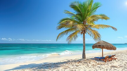 Obraz premium Palm tree on top of sandy beach with beach chair and other palm trees