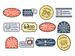Cinema festival online ticket popcorn sale 3d movie contoured stickers set vector line illustration