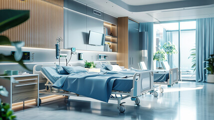 A hospital room featuring two beds neatly made up with crisp linens and a bedside table holding essentials for patient care