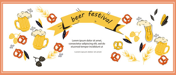 Oktoberfest banner template a touch of Bavarian flair to any party or event, beer festival, vector illustration isolated on white background. Design for Oktoberfest banner or flyer, party.