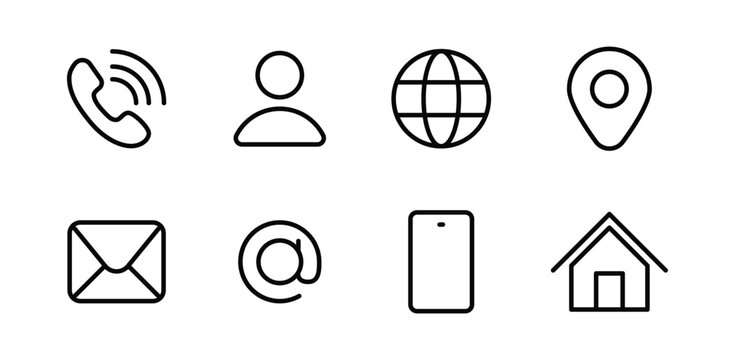 Business card icon set in line style. Contact information, Home, Phone, Location, Address, Website, mail, fax, user simple black style symbol sign for apps and website, vector illustration.