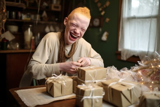 Albino mentally ill man laughs joyfully while packing gifts for his friends and family - Powered by Adobe