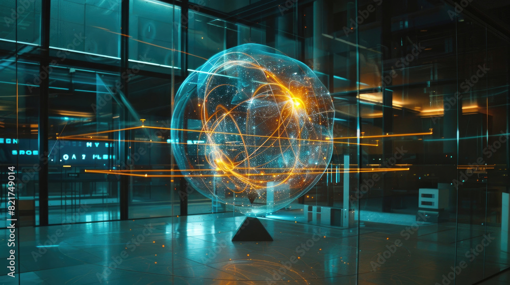 Poster a large glass sphere illuminates a room filled with a multitude of lights, creating a dazzling displ