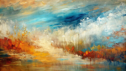 Vibrant abstract landscape painting with blue, orange, yellow and white colors.