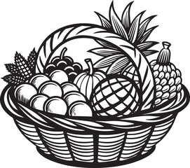 basket with fruits illustration black and white