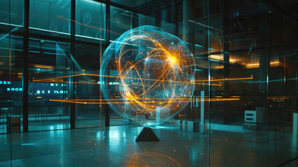 Fototapeta premium A large glass sphere illuminates a room filled with a multitude of lights, creating a dazzling display of reflections and shadows