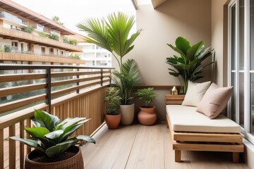Tropical Beige And Wooden Small Balcony Design