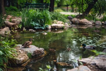 Ducks on a tranquil pond in a lush park setting, with a duck perched on a rock and others swimming.
