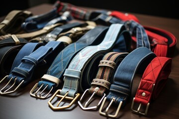 Collection of upcycled denim jeans transformed into stylish accessories such as belts, wallets, and phone cases, highlighting the versatility of repurposed materials