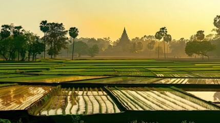   A picturesque rice field surrounded by tall trees and bathed in the warm glow of a setting sun in the foreground - Powered by Adobe