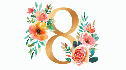 Golden number 8 with watercolor flowers roses hand 