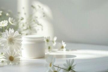 White cosmetic product mockup on white table with nature leaves, Generative AI