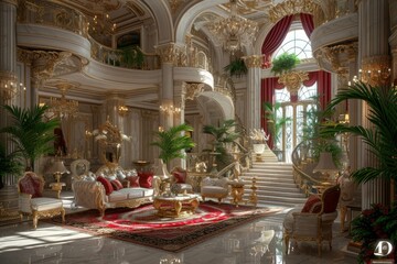 Luxurious living room with opulent gold and red decorations. AI.