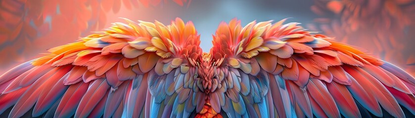 Vibrant and colorful abstract artwork featuring symmetrical bird wings in shades of red, orange, blue, and pink against a dreamy background.