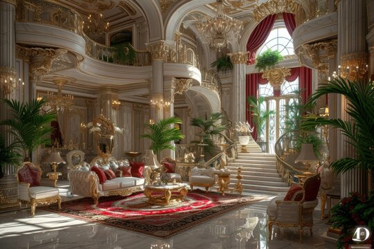 Luxurious living room with opulent gold and red decorations. AI.